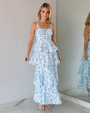 Baby Blue Floral Ruffle Maxi Dress