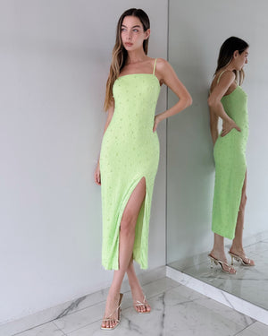 Green Lime Pearl Open Leg Midi Dress