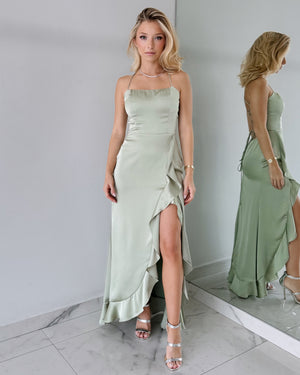 Baby Green Sage Ruffle Open Back Maxi Dress