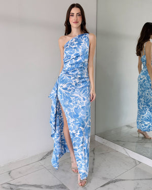 Baby Blue Print One Shoulder Ruffle Maxi Dress