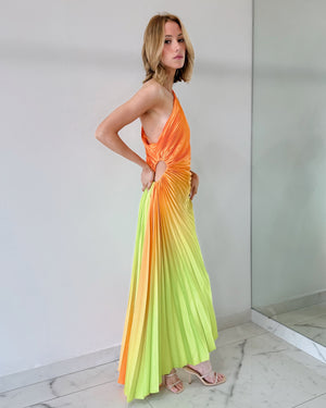 Orange Lime Green Print Asymmetrical Midi Dress