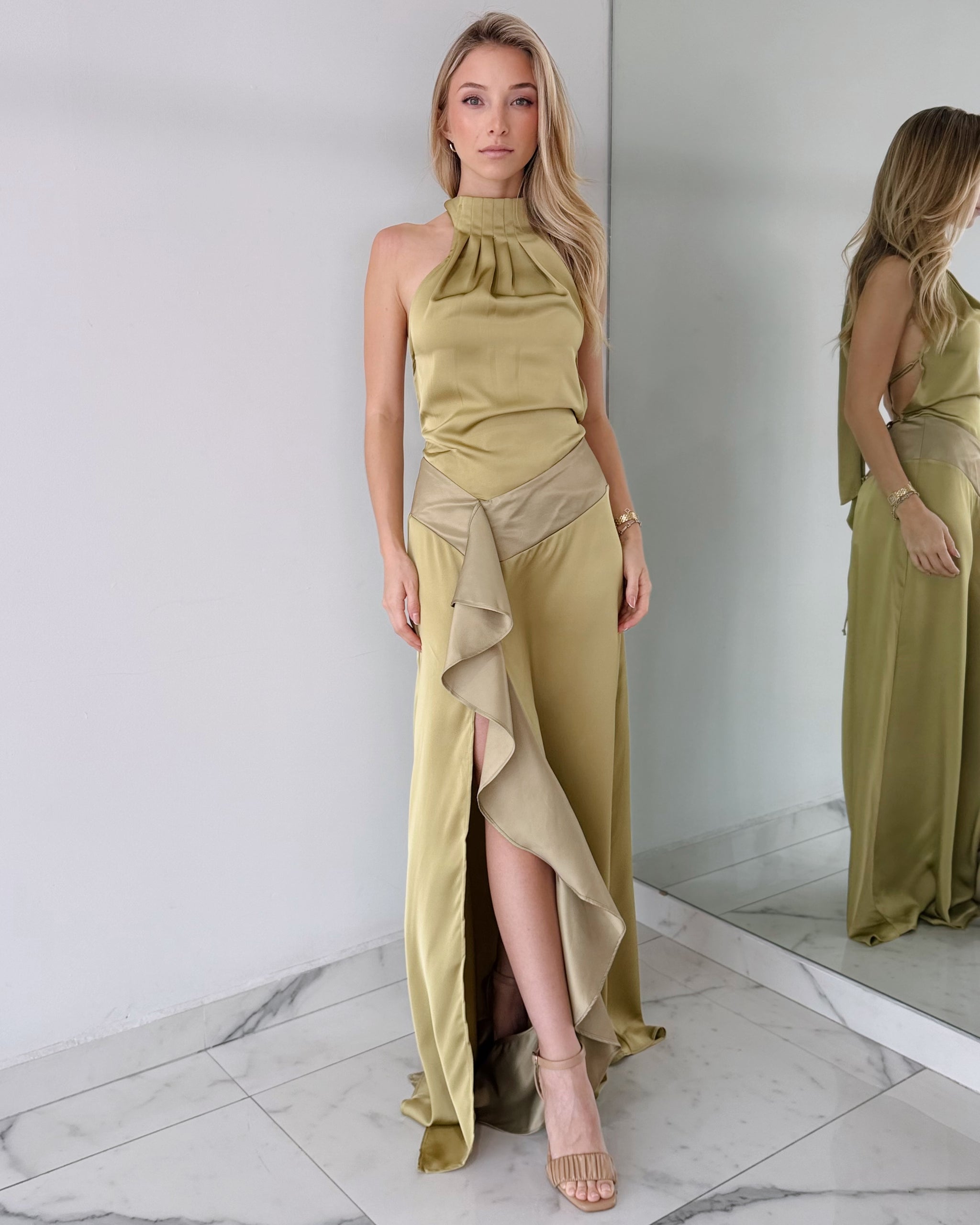 Olive Green Ruffle Gown Dress