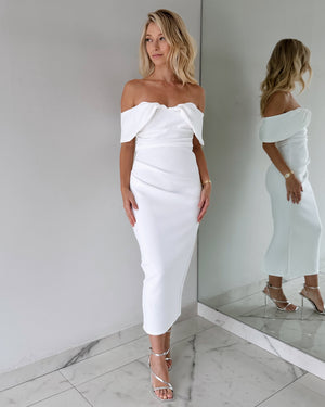White Strapless Off Shoulder Midi Dress