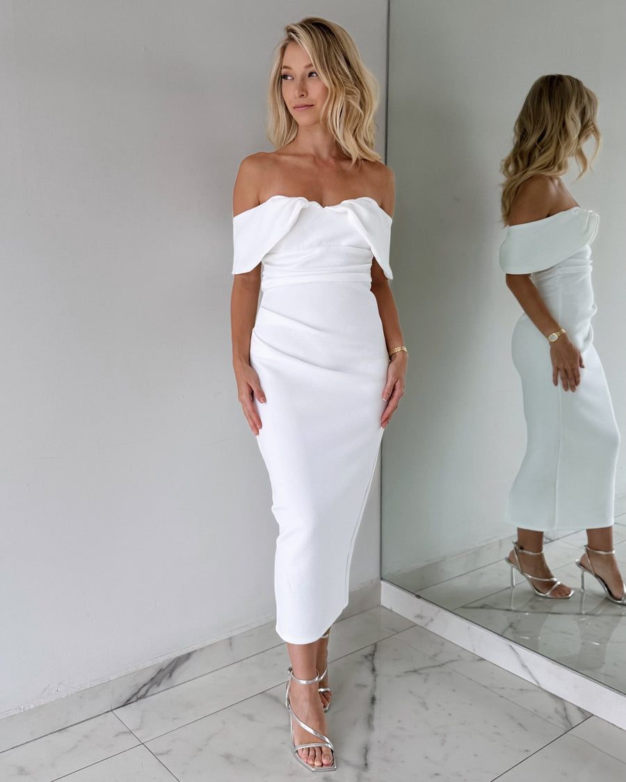 White Strapless Off Shoulder Midi Dress