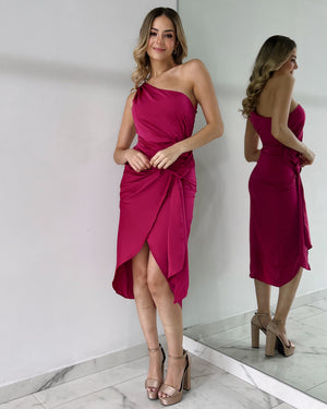 Pink Magenta One Shoulder Midi Dress
