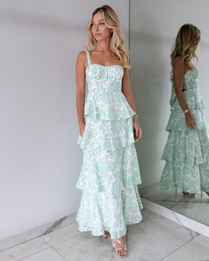 Mint Print Ruffle Maxi Dress