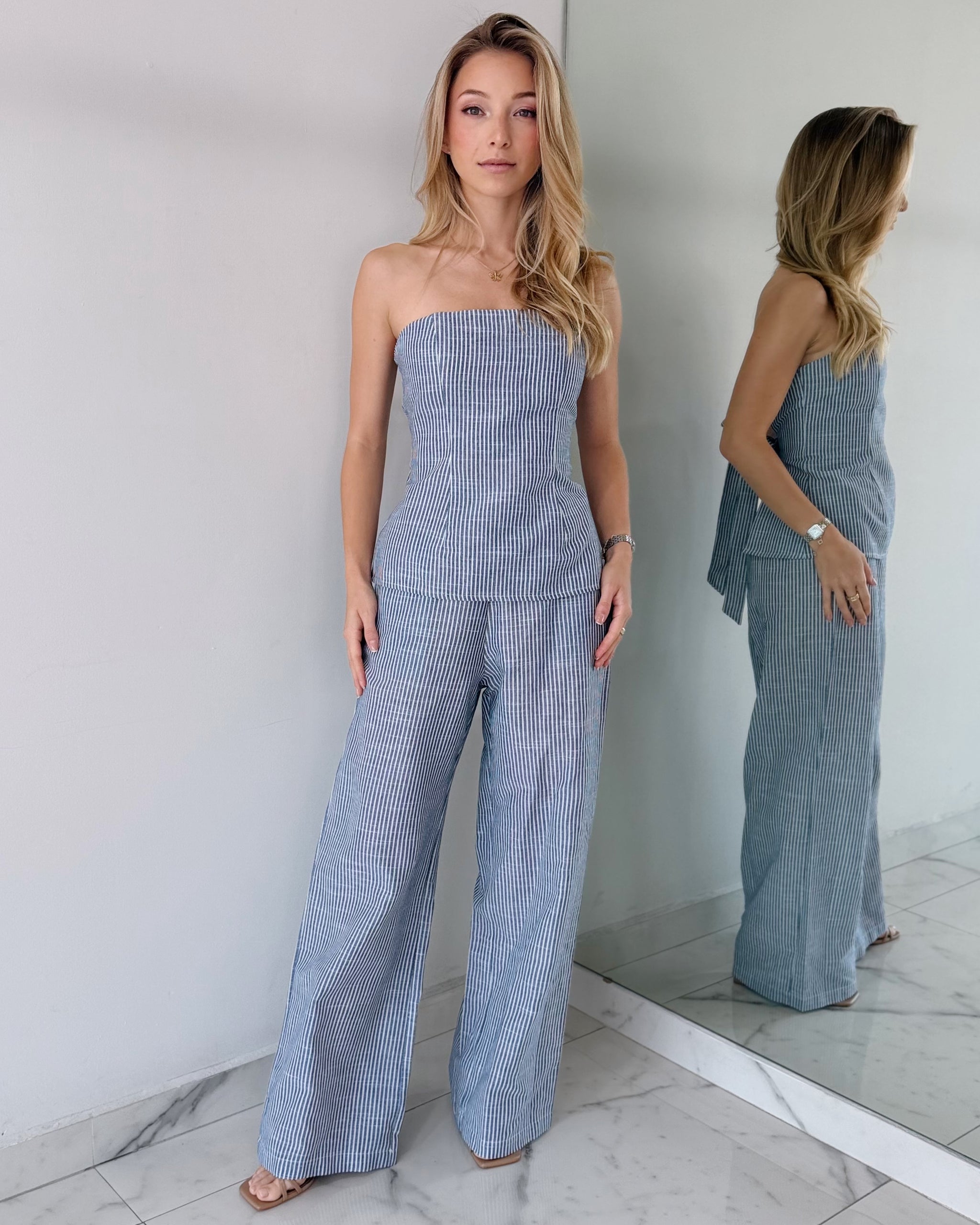 Blue Stripes Strapless Top + Pant Two Piece Set