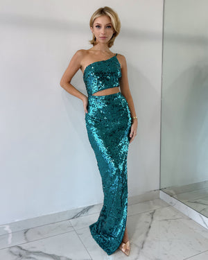 Turquoise Sequin Gown Dress