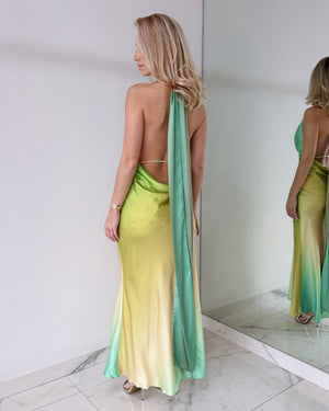 Blue Green V Neck Open Back Maxi Dress