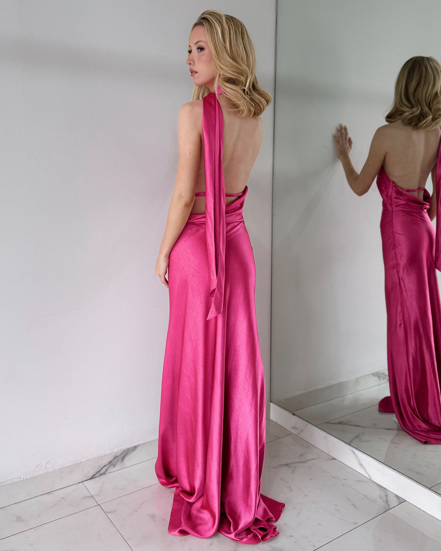 JY24154 Magenta Choker Open Back Gown Dress