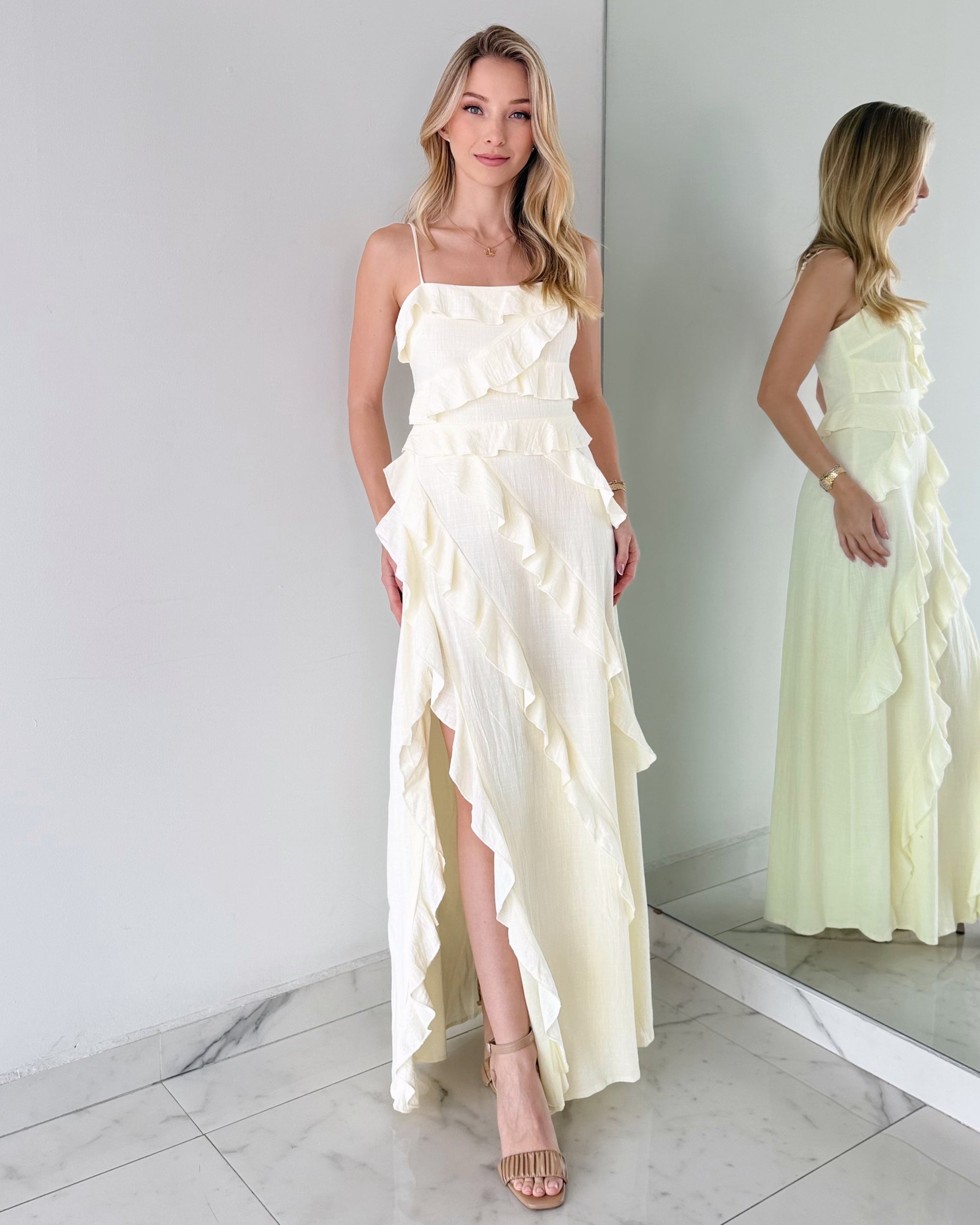 Ivory Ruffle Open Leg Maxi Dress