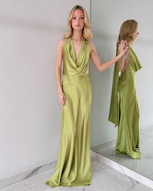 LD10664 Lime Open Back Gown Dress