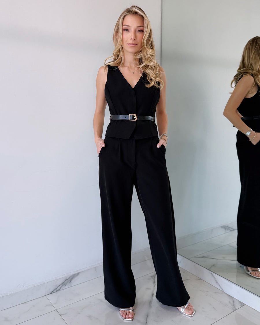 Black Belt Detail Top + Pant Two Piece Set