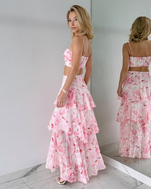 Pink Floral Two Piece Midi Dress Set