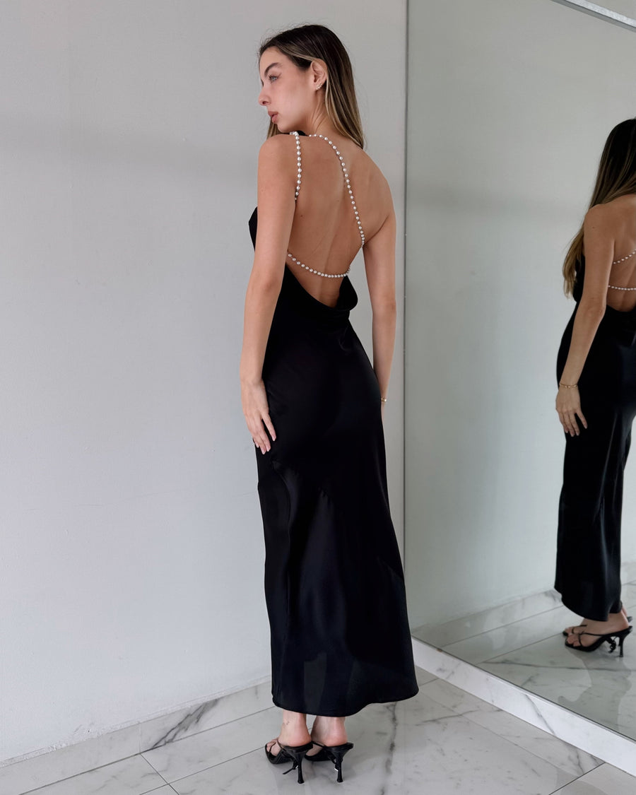 Black One Shoulder Pearl Maxi Dress