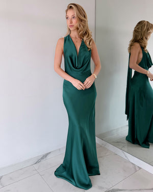 Hunter Green Halter Open Back Gown Dress