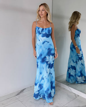 Baby Blue Print Open Back Maxi Dress
