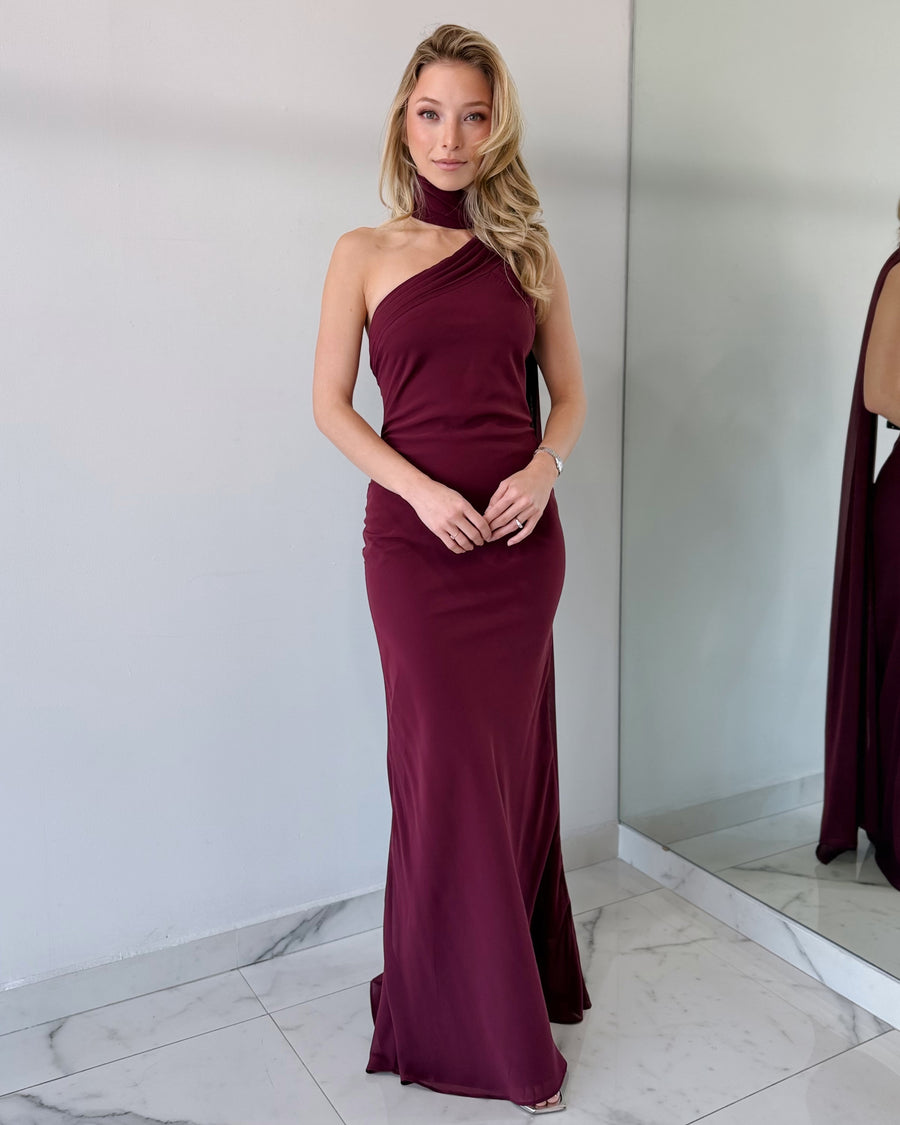 Wine One Shoulder Gown Dress