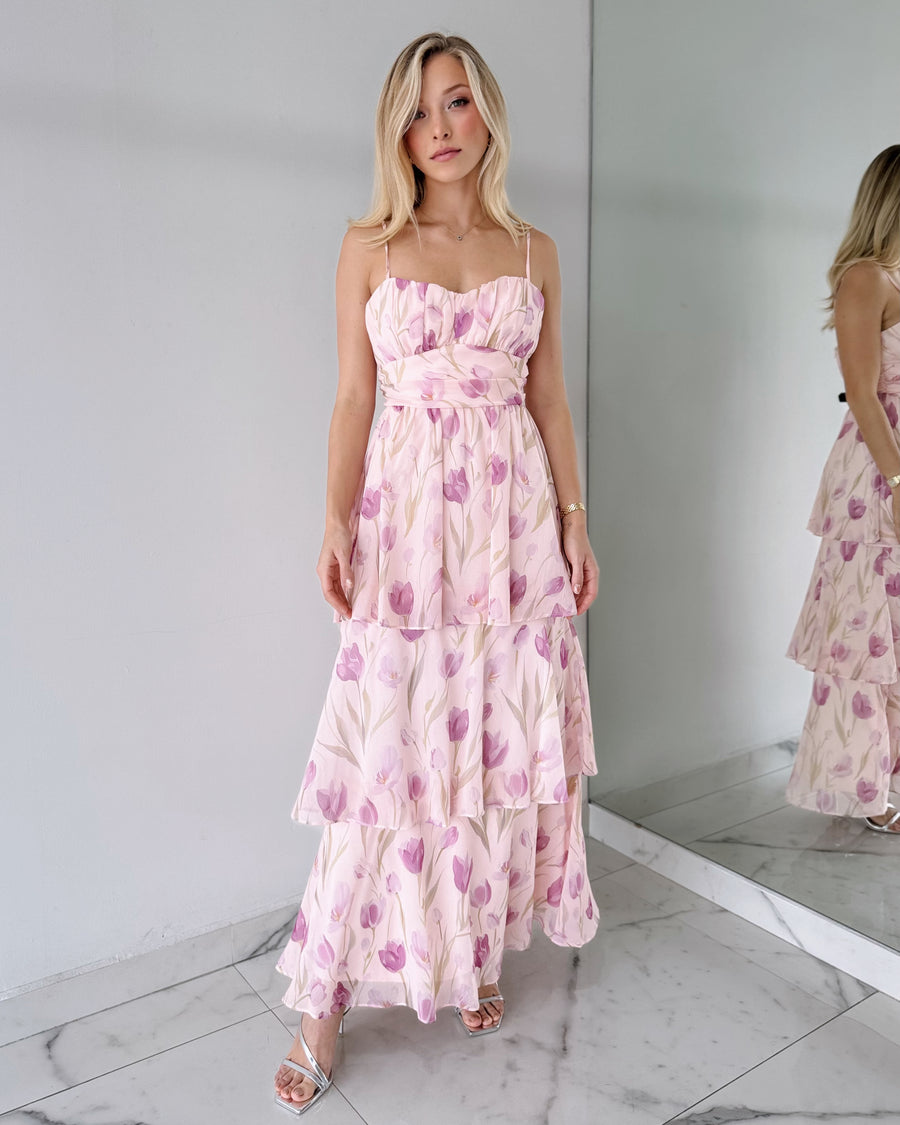 Lilac Floral Ruffle Maxi Dress