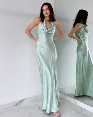 Mint Open Back Silk Gown Dress