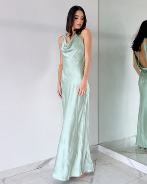 Mint Open Back Silk Gown Dress