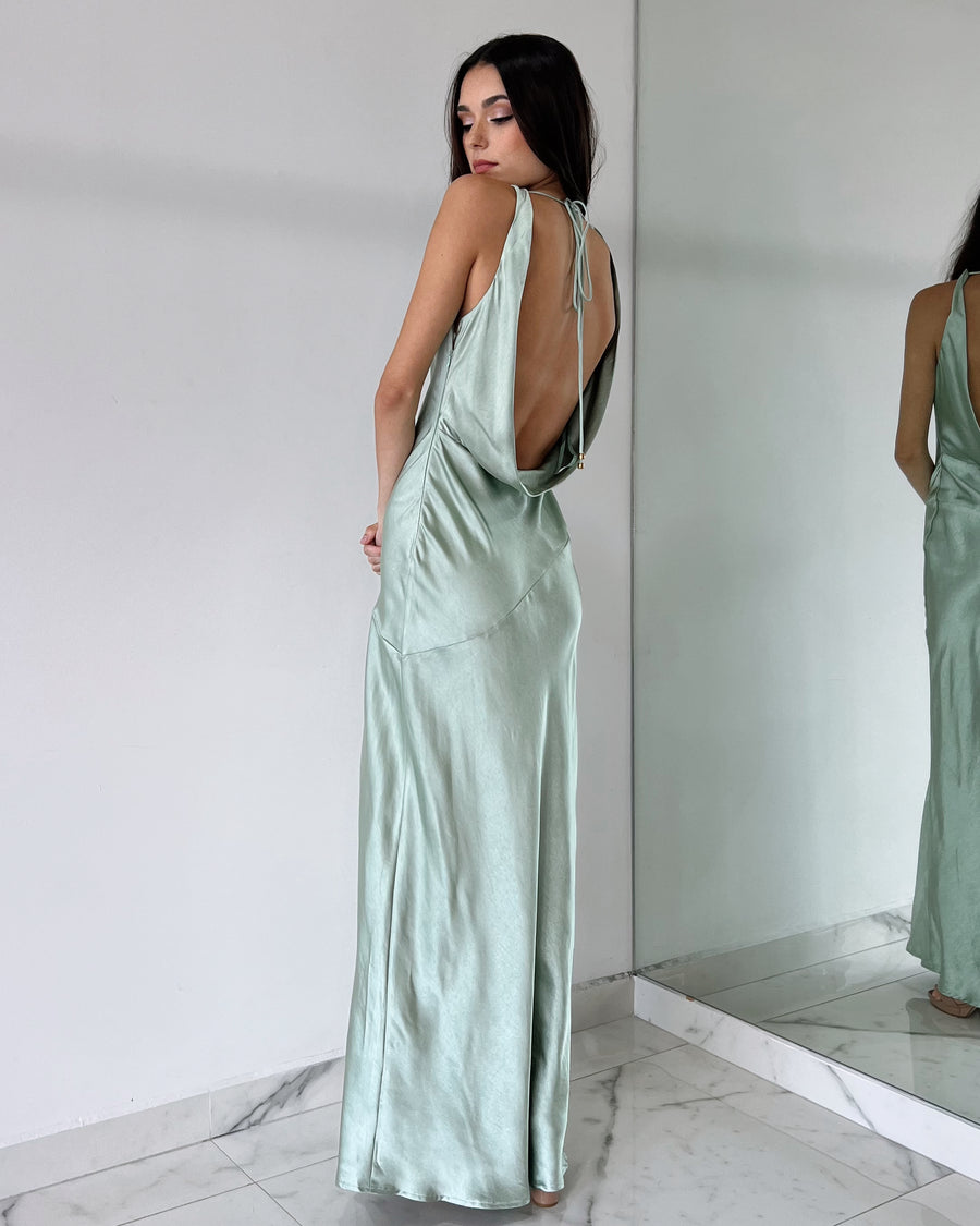 Mint Open Back Silk Gown Dress