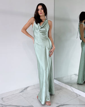 Mint Open Back Silk Gown Dress