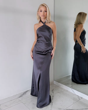 Lilac Grey Halter Open Back Gown Dress