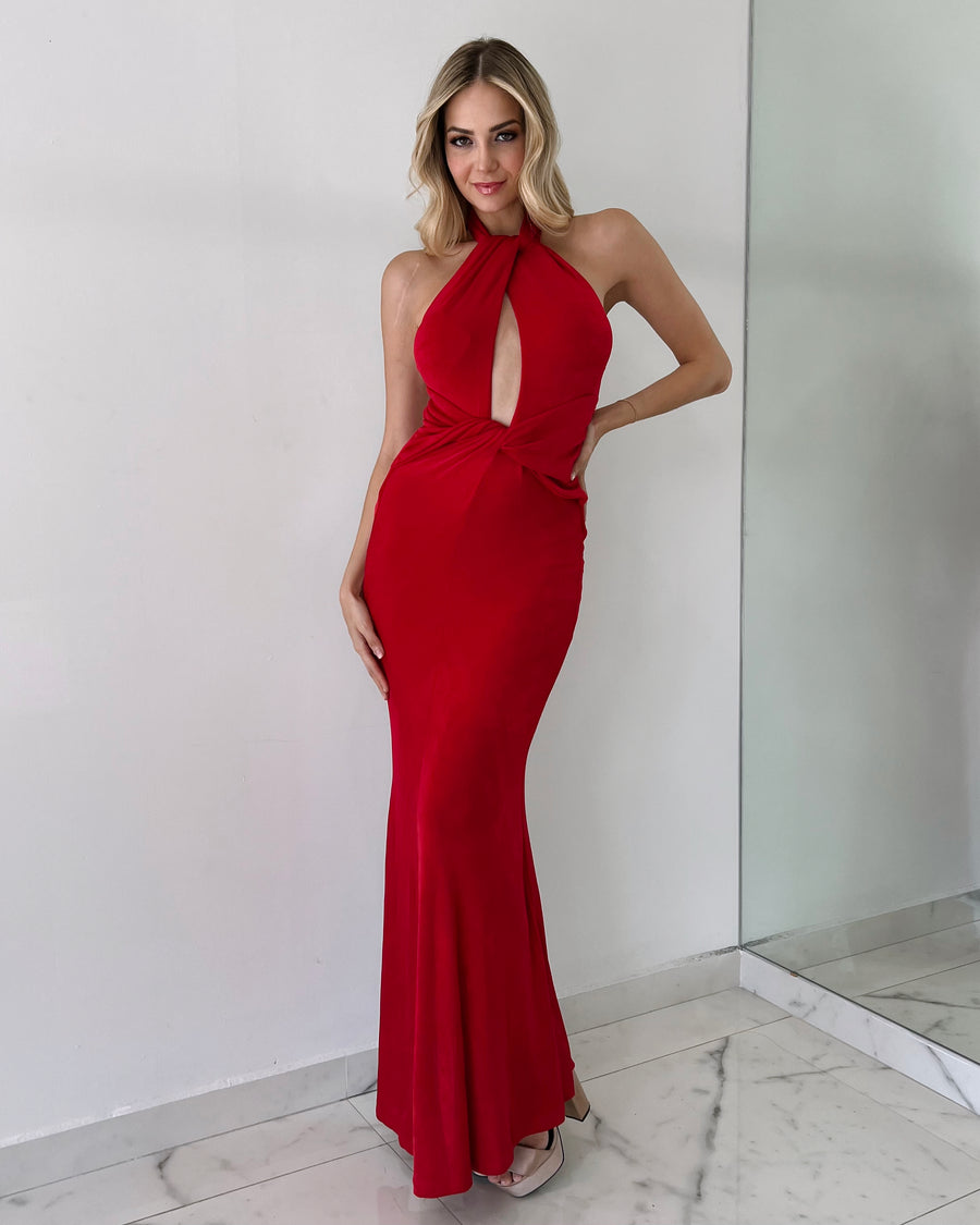 Red Open Neck Gown Dress