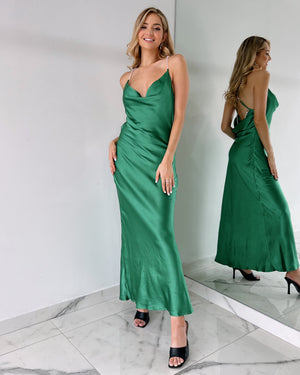 Forest Green Pearl Detail Open Back Maxi Dress
