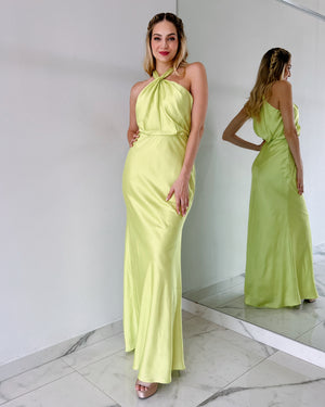 Lime Halter Open Back Gown Dress