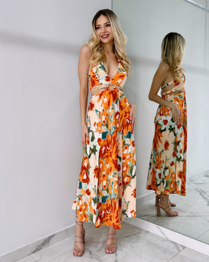 Orange Floral Open Detail Midi Dress