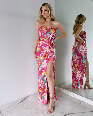 Pink Floral Strapless Gown Dress