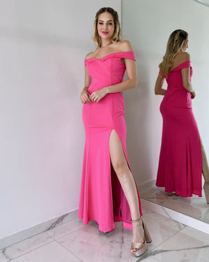 Hot Pink Off Shoulder Gown Dress