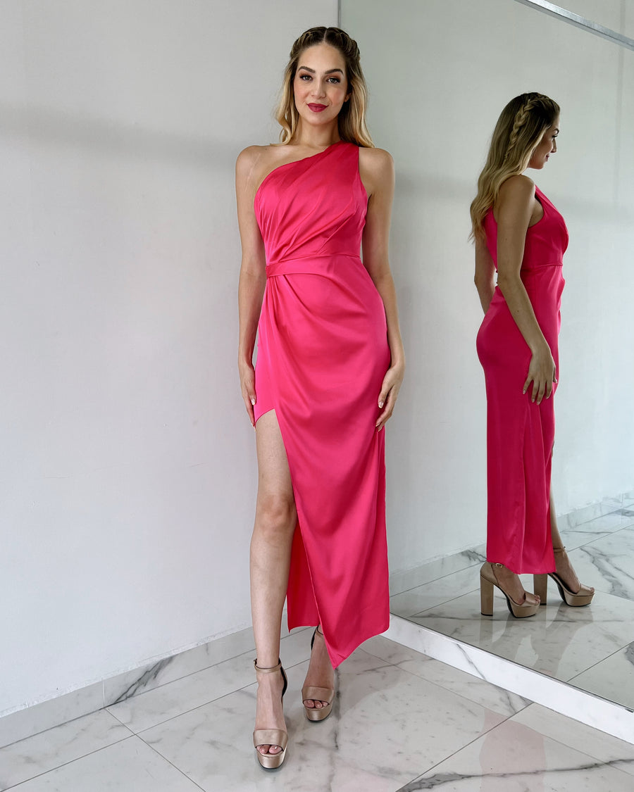 Hot Pink One Shoulder Maxi Dress