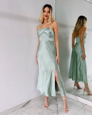 Mint Silk Strapless Midi Dress