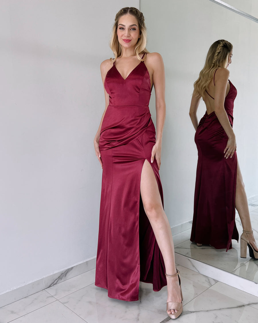 Wine Open Back Silk Gown Dress