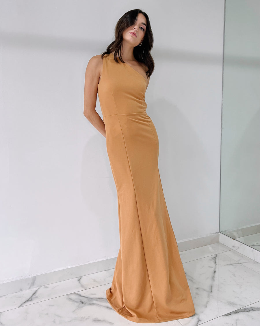Camel One Shoulder Gown Dress