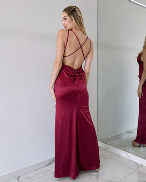 Wine Open Back Silk Gown Dress