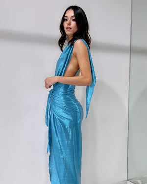 Baby Blue Metallic Open Back Midi Dress
