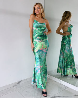 Green Print Open Back Gown Dress