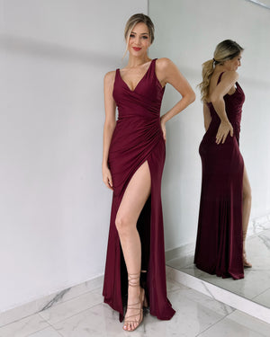 Wine Stretch Basic Gown Dress