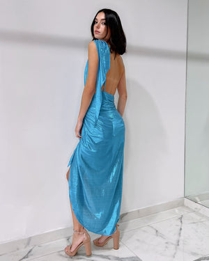 Baby Blue Metallic Open Back Midi Dress