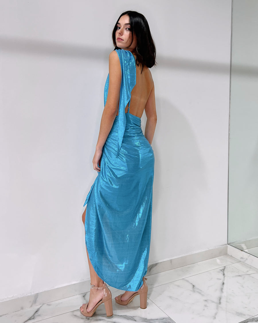 Baby Blue Metallic Open Back Midi Dress