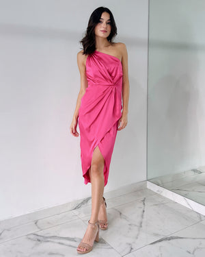 Pink One Shoulder Detail Midi Dress