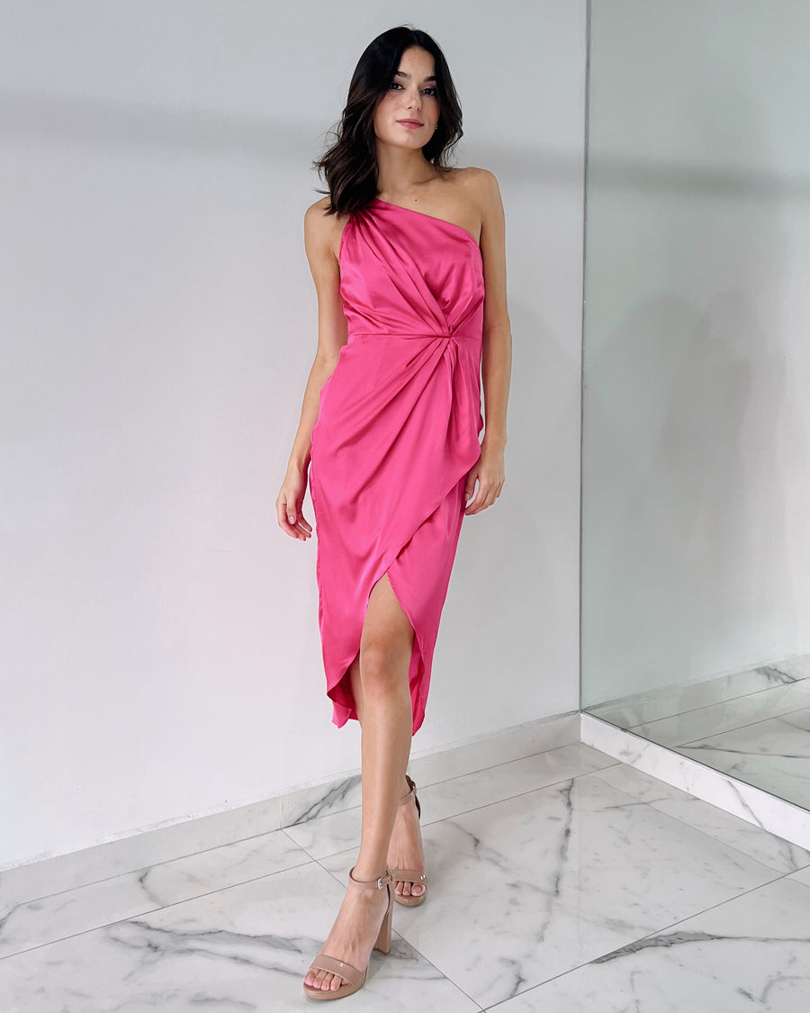 Pink One Shoulder Detail Midi Dress