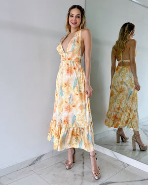 Yellow Floral Open Back Maxi Dress