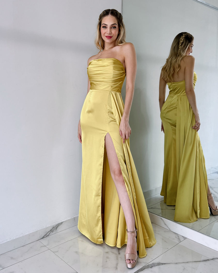 Mustard Strapless Gown Dress