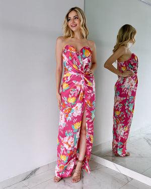 Pink Floral Strapless Gown Dress