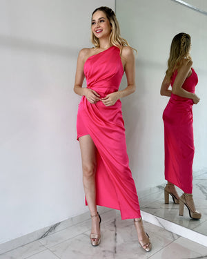 Hot Pink One Shoulder Maxi Dress